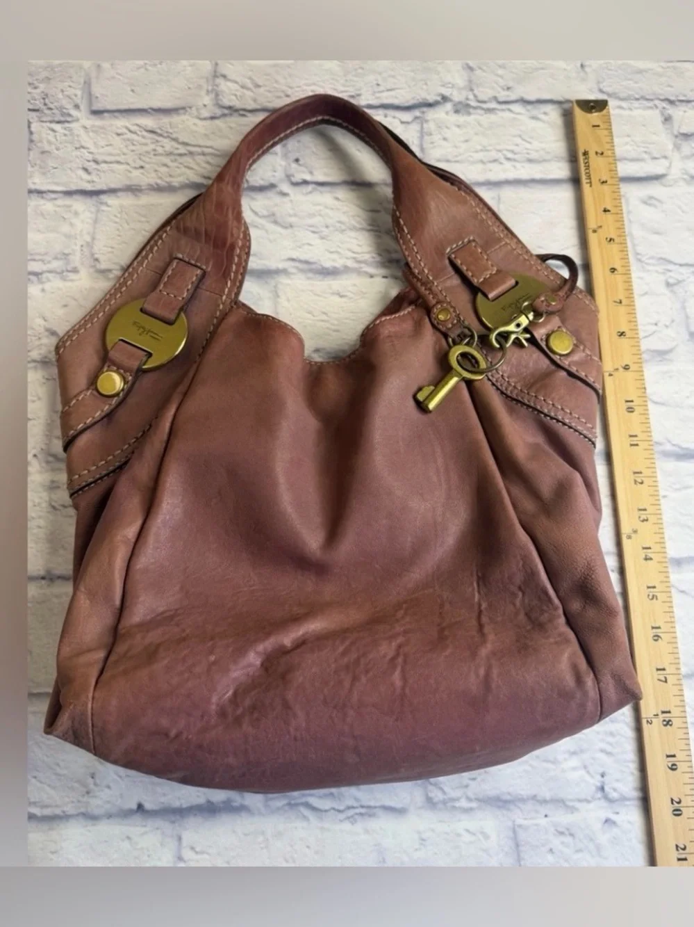 Vintage Fossil Fifty-Four “Blake”Mauve Leather Hobo Bag with Brass Key Charm